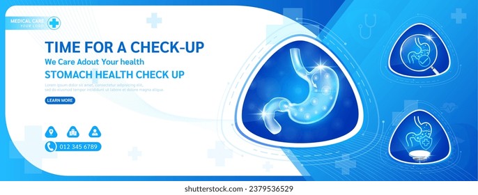 Medical banner healthcare template design for check up. Stomach in triangle frame stethoscope and magnifying glass examining organ. Background or poster for medical ads website social media. Vector.
