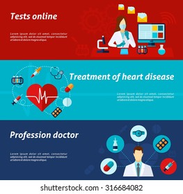 Medical banner horizontal set with tests online and treatment elements isolated vector illustration