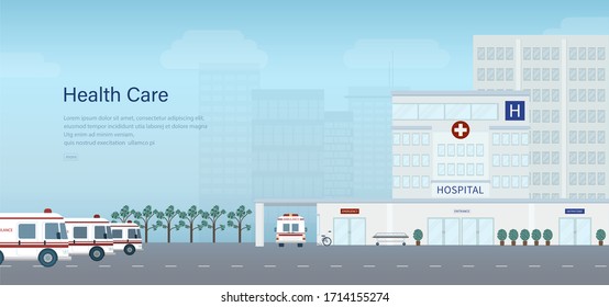 Medical banner with hospital building with ambulance vector illustration