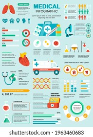 Medical banner with infographic elements. Healthcare, diagnostic, treatment concept. Poster template with flowchart, data visualization, timeline, workflow, illustration. Vector info graphics design