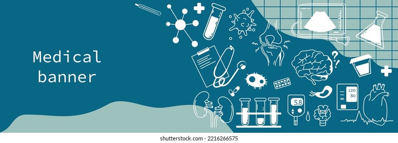 Medical Banner with objects of laboratory tests and medical equipment. Joints, brain, heart, kidneys, test tubes, bacteria. Vector border