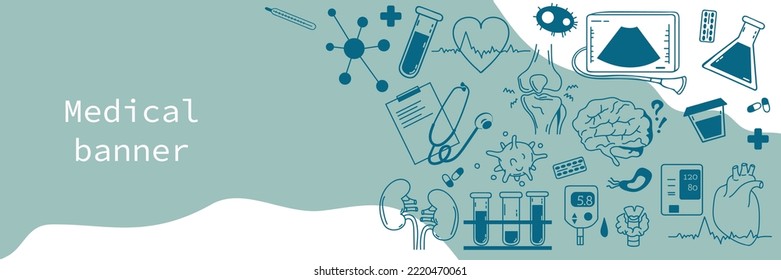 Medical Banner with objects of laboratory tests and medical equipment. Joints, brain, heart, kidneys, test tubes, bacteria. Vector border