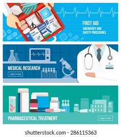 Medical banner set on emergency, first aid, scientific research and pharmaceutical treatment