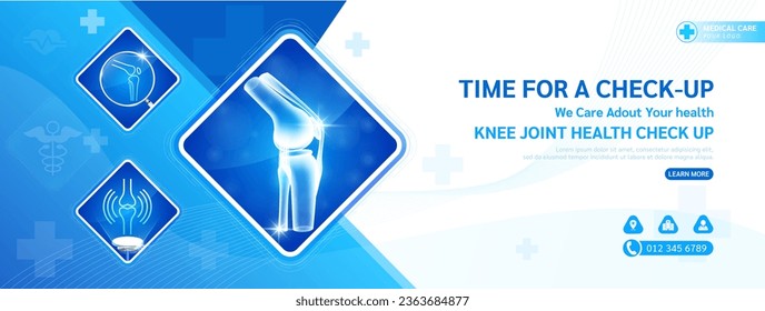 Medical banner social media health care for check up. Knee joint bone in square frame magnifying glass and stethoscope examining organ. Poster or background for medical ads website. Vector.