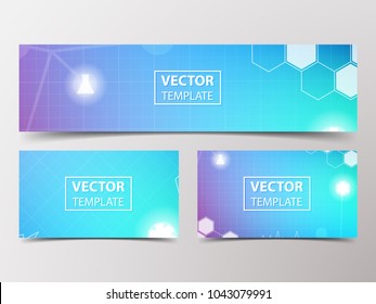 Medical banner with technological, scientific, abstract, geometric background. Set web banner templates for advertising and attracting customers with polygonal abstract shapes, circles, lines, triangl