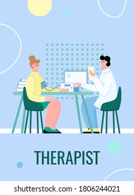 Medical banner of therapist specialist with cartoon characters of doctor and patient, flat vector illustration. Card or poster for physician office of healthcare clinic.