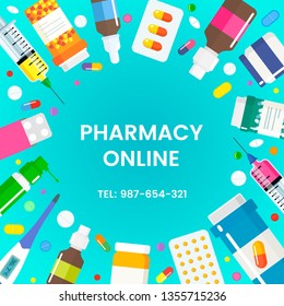 medical banner with various medicines and syringes. online pharmacy concept with home delivery. flat vector illustration