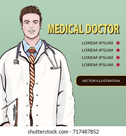 Medical banner, vector background with male doctor standing front side, cartoon portrait three quarters men physician, painted human in a medical dressing gown with stethoscope and space for text