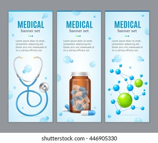 Medical Banner Vertical Set on Grey Background. Concept of Health Care. Vector illustration