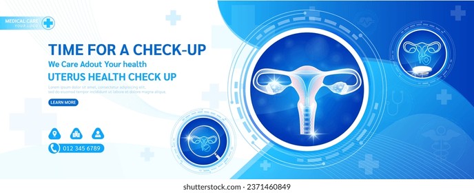 Medical banner website health care template social media design for check up. Female uterus in circle frame stethoscope and magnifying glass examining organ. Background for medical advertising. Vector