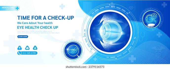 Medical banner website health care template social media design for check up. Eyeball in circle frame stethoscope and magnifying glass examining organ. Background or poster for medical ads. Vector.