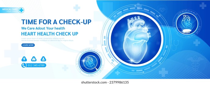 Medical banner website health care template social media design for check up. Heart in circle frame stethoscope and magnifying glass examining organ. Background or poster for medical ads. Vector.