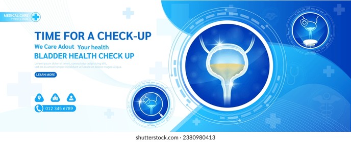 Medical banner website health care template social media design for check up. Bladder in circle frame stethoscope and magnifying glass examining organ. Background or poster for medical ads. Vector.