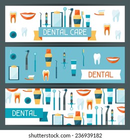 Medical banners design with dental equipment icons.