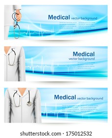 Medical banners with a doctor's lab white coat and stethoscope. Vector illustration 