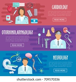 Medical banners of hospital doctors in neurology, cardiology and otolaryngology. Vector flat medicines and medical tools of nurse, cardiology heart pills, brain mri scanner or otoscope and stethoscope