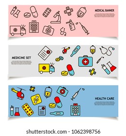 Medical banners set. Concept medicine illustration in modern thin line style for web banner and backgrounds.