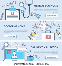 Medical banners set. Concept medicine illustration in modern flat line style for web banner and backgrounds.