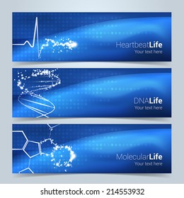 Medical banners or website header set. Heartbeat, DNA string and molecular structures with star glow effect. Text and background on separate layers. Fully scalable vector illustration.