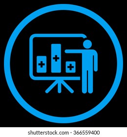 Medical Bar Chart Presentation vector icon. Style is flat circled symbol, blue color, rounded angles, black background.