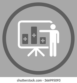 Medical Bar Chart Presentation vector icon. Style is bicolor flat circled symbol, dark gray and white colors, rounded angles, silver background.