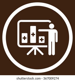 Medical Bar Chart Presentation vector icon. Style is flat circled symbol, white color, rounded angles, brown background.
