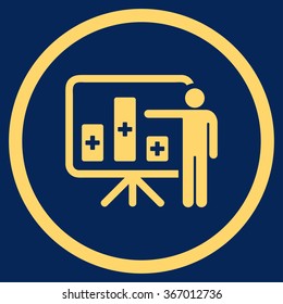 Medical Bar Chart Presentation vector icon. Style is flat circled symbol, yellow color, rounded angles, blue background.