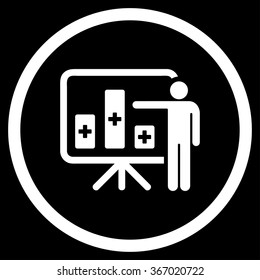 Medical Bar Chart Presentation vector icon. Style is flat circled symbol, white color, rounded angles, black background.