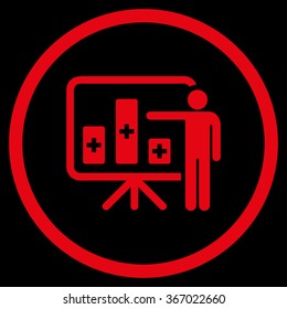 Medical Bar Chart Presentation vector icon. Style is flat circled symbol, red color, rounded angles, black background.