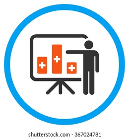 Medical Bar Chart Presentation vector icon. Style is flat circled symbol, orange and blue colors, rounded angles, white background.