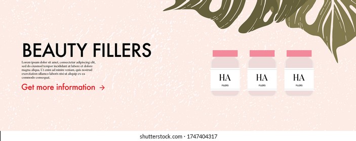 Medical beauty injection, hyaluronic acid, vitamin filler, volume booster, collagen syringe art. Cosmetic procedure advertising. Skin care threatment design in vector, flat social media illustration.