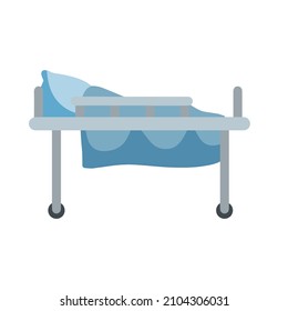 Medical bed on wheels. Clinic furniture. Hospital bed or stretcher with pillow and blanket.