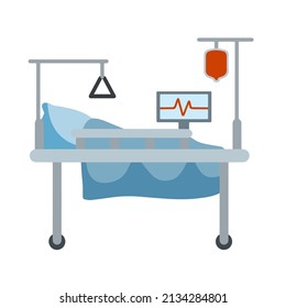 Medical Bed On Wheels. Clinic Furniture. Life Support Equipment. Hospital Bed Or Stretcher With Pillow And Blanket. Pulse Screen And Blood Transfusion. Flat Cartoon