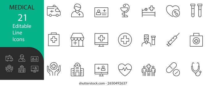 Coleção de melhores ícones de linha editáveis para médicos. Inclui hospital, ambulância, médico, enfermeiro, estetoscópio, seringa, cartão de identificação, coração, comprimidos, tubo de ensaio e ícones de saúde.
