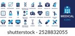 Medical best solid icon set collection. Examine, medicine, doctor, patient, assistance, health, emergency, vaccination, report, illness and vector illustration.