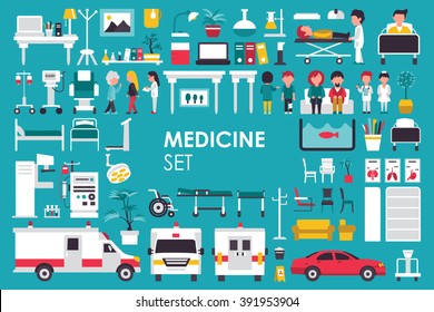 Medical Big Collection in flat design background concept. Infographic elements set with hospital staff doctor and nurse around medicine tools equipment. Icons for your product or illustration