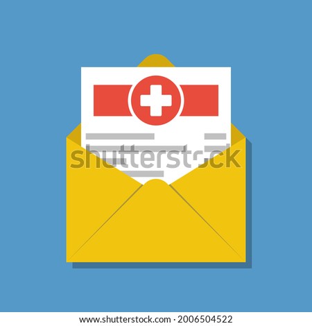 medical bill or invoice in opened envelope, flat vector illustration