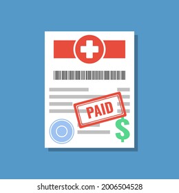 medical bill or invoice with paid stamp, flat vector illustration