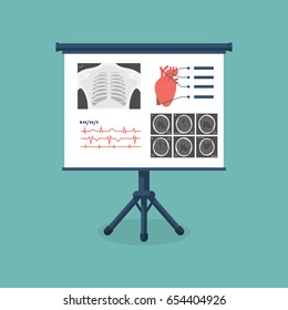 Medical billboard with diagnose. Set of medical research: X-ray, CT, MRI brain, cardiogram. Banner template for medical presentations. Vector  illustration, flat design. Isolated on background.