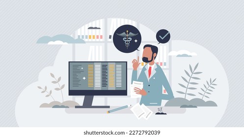 Medical billing and coding for patient hospital services tiny person concept. Treatment payment and financial invoice coverage from insurance vector illustration. Medicine expenses codes for bill.