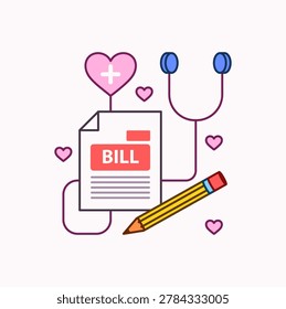Medical billing illustration with document, stethoscope, hearts, and pencil in cartoon style. Perfect for healthcare, insurance, clinic, and hospital concepts