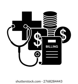 Medical billing illustration with a stethoscope, billing document, coins, and dollar symbols signaling healthcare payments.