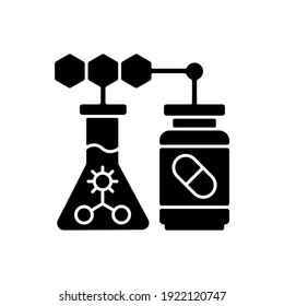 Medical Biotechnology Black Glyph Icon. Clinical Drug Development. Healthcare Industry Production. Pharmaceutical Research. Silhouette Symbol On White Space. Vector Isolated Illustration