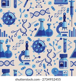 Medical and biotechnology laboratory seamless pattern syringe, vaccine vial, test tube, DNA helix, microscope, molecules, pills, chromosomes, computer. Biotechnology research and science concept