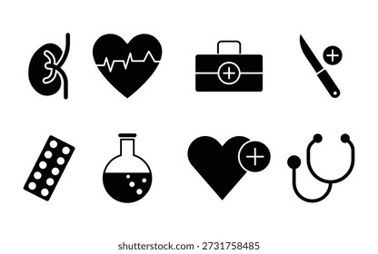 Conjunto de ícones sólidos pretos médicos, Contém ícones como rim, kit de primeiros socorros, pulso cardíaco, estetoscópio, Medicina, Conjunto de ícones preenchidos sólidos de vetor de recuperação de saúde.