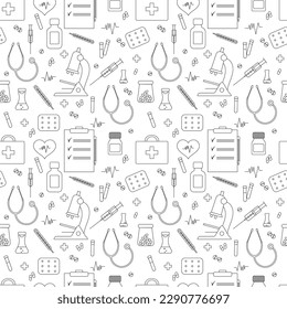 Medical black and white seamless pattern, clinic vector illustration. Hospital thin line icons - thermometer, pills, microscope, tests, drugs, syringe, stethoscope.
