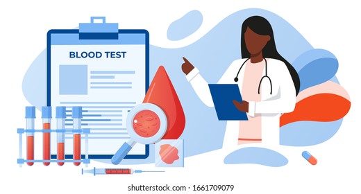 Medical blood test flat concept. Chemical laboratory analysis, medical office or laboratory. Patient blood in test tubes. Banner, flyer, landing page template. Exam checklist blank document 