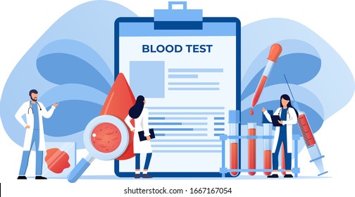 Medical blood test flat concept. Chemical laboratory analysis, medical office or laboratory. Patient blood in test tubes. Banner, flyer, landing page template. Exam checklist blank document 