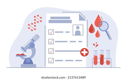 Medical Blood Test. Health Screening For Diagnosis, Assessment Of Condition And Search For Optimal Method Of Treatment. Documents And References, Scientific Research. Cartoon Flat Vector Illustration