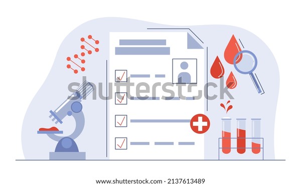Medical blood test. Health screening for\
diagnosis, assessment of condition and search for optimal method of\
treatment. Documents and references, scientific research. Cartoon\
flat vector\
illustration